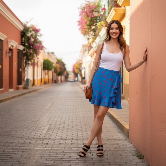 KENZO Cobalt Blue Soft Rose Print Ruffle Skirt! - Picture 2 of 7